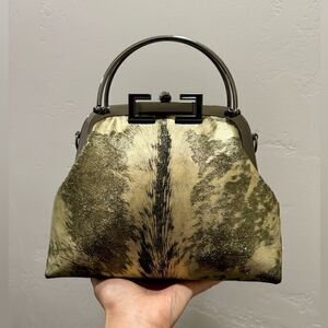 Handmade Gold Metallic Natural Hair-On Calfskin Top Handle Bag/Multi Way Use